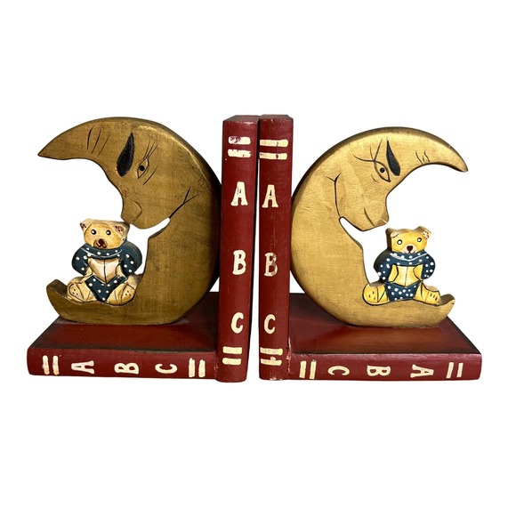 Vintage Whimsical Wooden Bookends Teddy Bear Moon ABC Nursery Decor - Picture 1 of 9